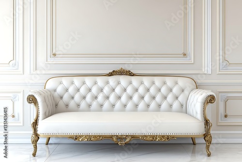 White ornate couch in elegant living room, classic design and luxurious decor