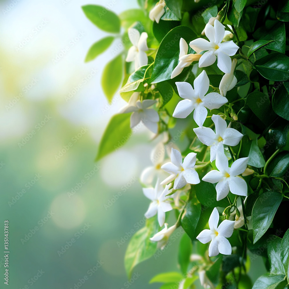 Obraz premium White flowers blooming against a soft green background 