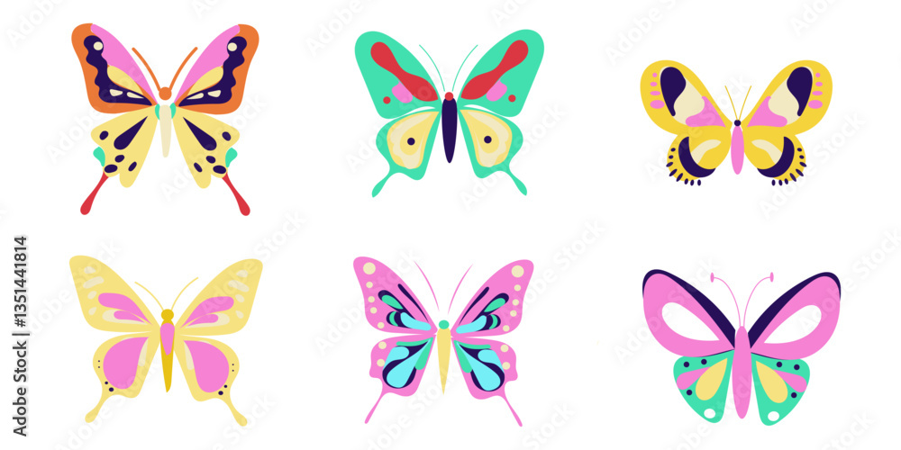 Obraz premium Trendy groovy butterfly set isolated, bright color, for stickers, element design