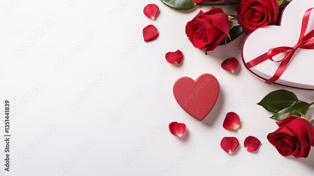 Red flowers in a heart-shaped gift box upward perspective against a white backdrop, copy space, Generative AI. Red flowers in a heart-shaped gift box upward perspective against a white backdrop, copy space, Generative AI.