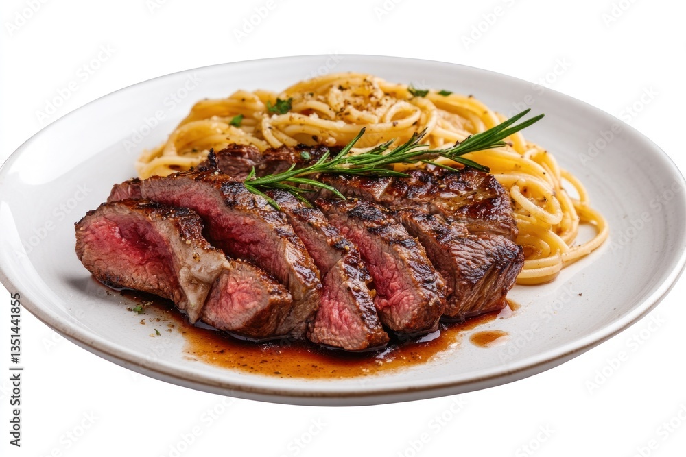 A beautifully plated steak served with pasta and garnish on white A beautifully plated steak served with pasta and garnish on white