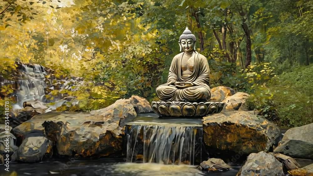 Buddha statue sits serenely by a tranquil waterfall in a lush garden Buddha statue sits serenely by a tranquil waterfall in a lush garden