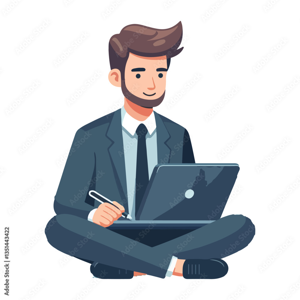 vector business manager sitting working with laptop vector business manager sitting working with laptop