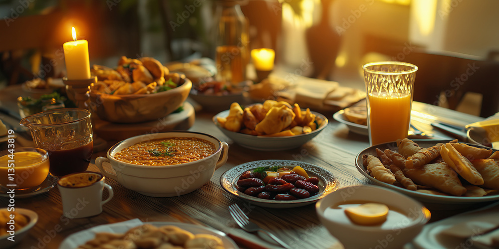 Iftar meal on a wooden table, traditional Middle Eastern dishes like dates, lentil soup, samosas, fresh bread, tea, and juice, warm candlelight, cozy family atmosphere, Ramadan celebration Iftar meal on a wooden table, traditional Middle Eastern dishes like dates, lentil soup, samosas, fresh bread, tea, and juice, warm candlelight, cozy family atmosphere, Ramadan celebration