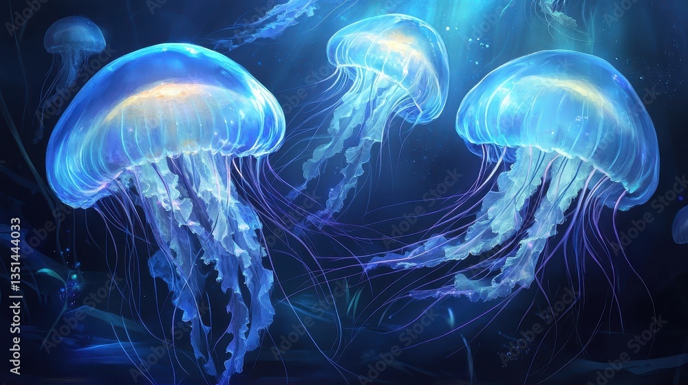 Several glowing jellyfish swimming gracefully in dark ocean depths Several glowing jellyfish swimming gracefully in dark ocean depths