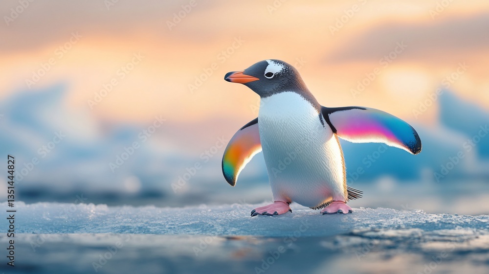 Obraz premium A vibrant penguin with rainbow wings standing on ice against a soft sunset