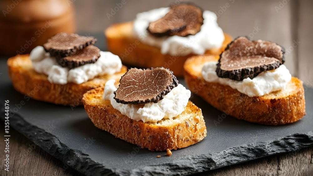 Slices of toasted bread topped with cream and black truffle, served on a dark slate plate. Concept Elegant Appetizer, Gourmet Presentation, Truffle Delight, Culinary Artistry, Dark Slate Aesthetics Slices of toasted bread topped with cream and black truffle, served on a dark slate plate. Concept Elegant Appetizer, Gourmet Presentation, Truffle Delight, Culinary Artistry, Dark Slate Aesthetics