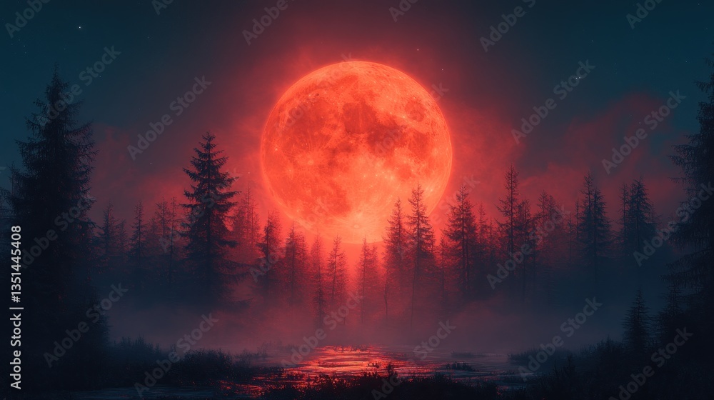 Fototapeta premium Red moon rising over misty forest with reflecting river at night