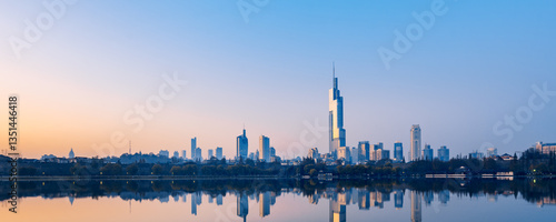 Early morning scenery of Xuanwu Lake and city skyline in Nanjing, Jiangsu Province, China