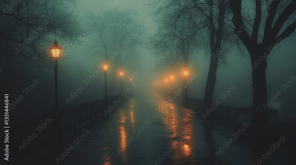 Misty, rainy park path at night with lit lampposts Misty, rainy park path at night with lit lampposts