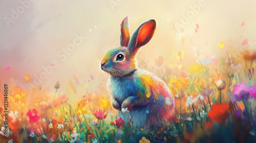 Wallpaper Mural A colorful rabbit stands among vibrant flowers in a painterly spring scene Torontodigital.ca