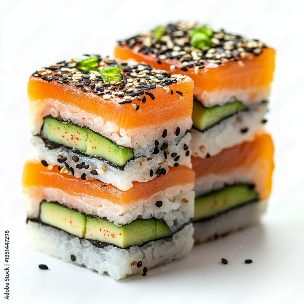 A Layered Sushi Cake with Salmon Roe, Cucumber, and Rice, Topped with Wasabi and Sesame Seeds, Arranged on a White Background, Showcasing a Modern and Creative Presentation A Layered Sushi Cake with Salmon Roe, Cucumber, and Rice, Topped with Wasabi and Sesame Seeds, Arranged on a White Background, Showcasing a Modern and Creative Presentation