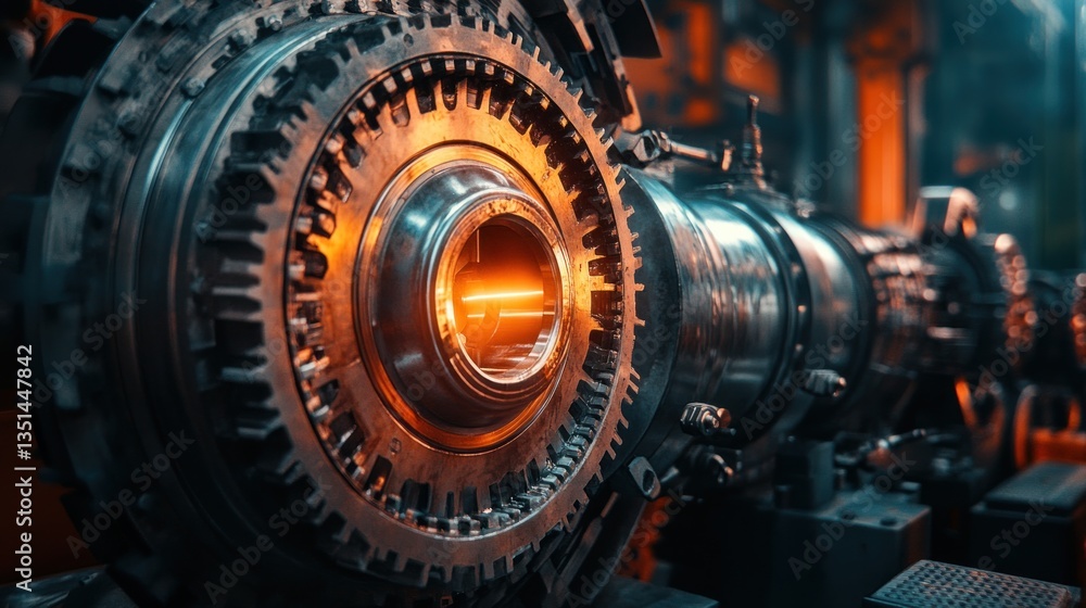 Industrial Machinery Close-up: Glowing Core of a Powerful Metalworking Machine Industrial Machinery Close-up: Glowing Core of a Powerful Metalworking Machine