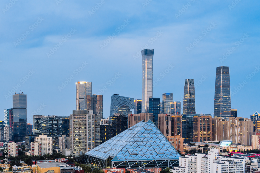 Fototapeta premium High Angle Night View of Parkview Green and skyline in Beijing, China.