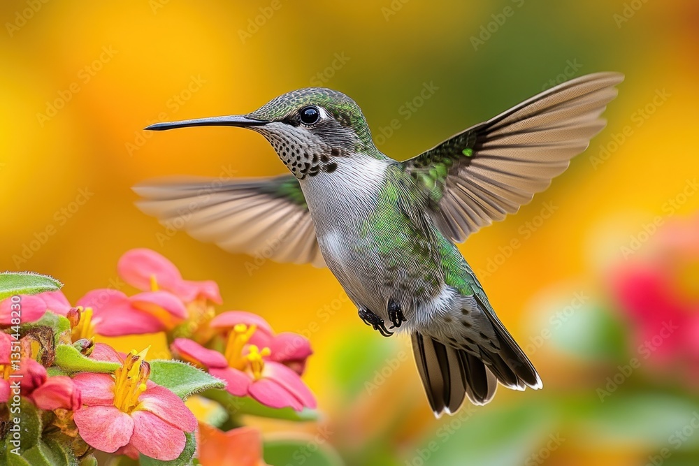 Naklejka premium Hummingbird in flight, vibrant flowers, blurred background, nature