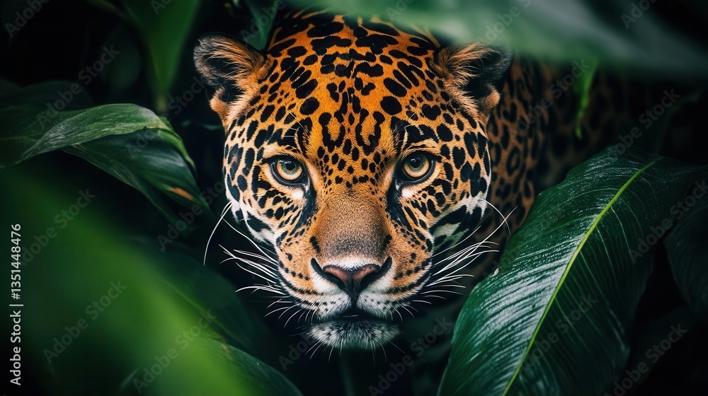 Close Up of a Jaguar Hidden Among Lush Greenery in a Tropical Rainforest Environment Close Up of a Jaguar Hidden Among Lush Greenery in a Tropical Rainforest Environment