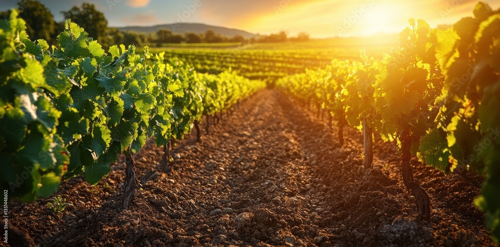 Naklejka premium Distinct qualities and flavors of wine influenced by unique characteristics of soil in a vineyard, highlighting terroir, lush vineyard background