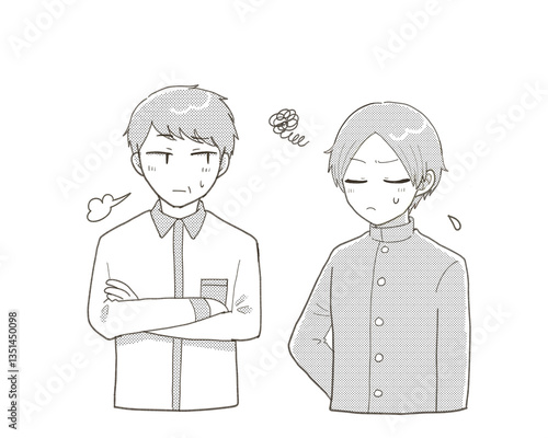 不機嫌そうな男子学生と不安そうなミドル男性