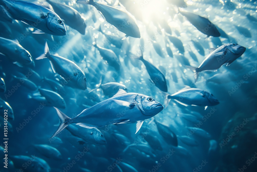 Fototapeta premium Swimming Fish School Underwater with Sunlight in Blue Ocean Scene