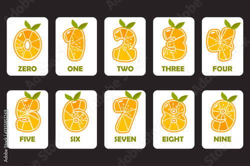 Education cards with Cartoon Orange Numbers. Orange fruit numbers. Citrus numbers. Numbers, figures 0-9.