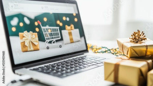 Online Shopping with Laptop and Holiday Gifts in Cozy Environment