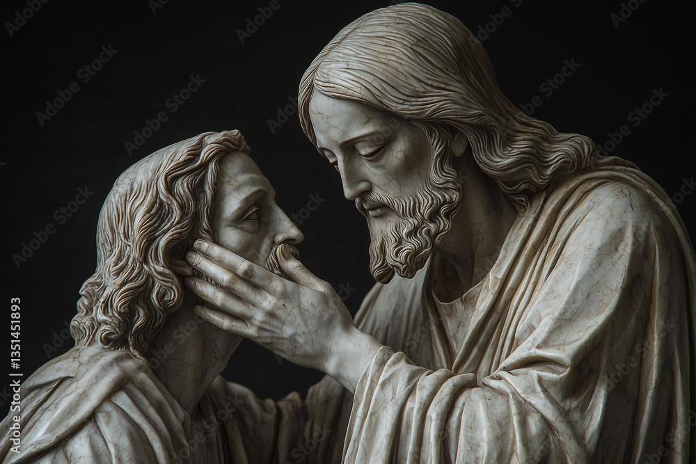 Fototapeta premium Jesus Christ heals a blind man. New Testament story. Bible story. Christianity. Close up marble statue.