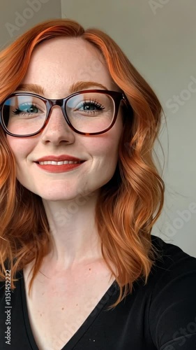 Wallpaper Mural Woman with vibrant red hair smiles warmly in a bright indoor setting with glasses Torontodigital.ca