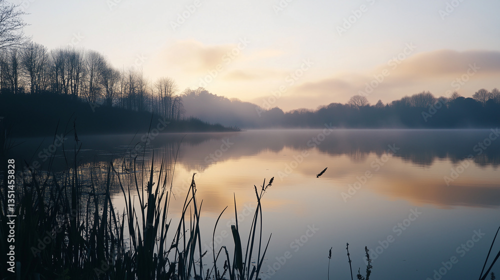 Fototapeta premium Serene Sunrise Over a Calm Lake with Soft Natural Light and a Simple, Peaceful Outdoor Scene