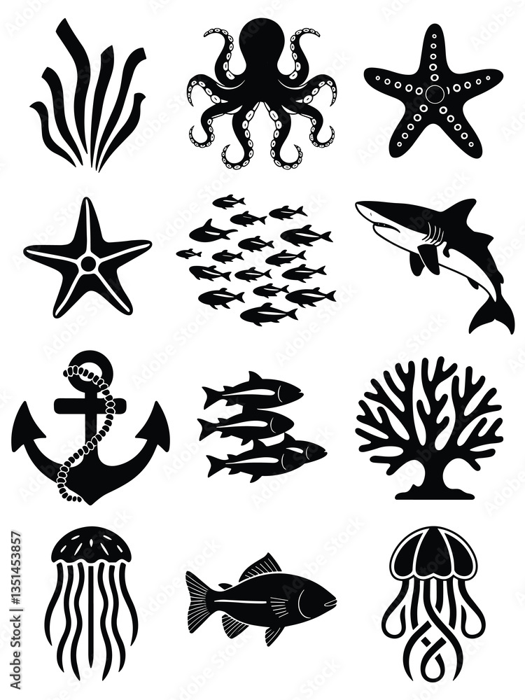 Fototapeta premium Black and White Marine Life Silhouettes