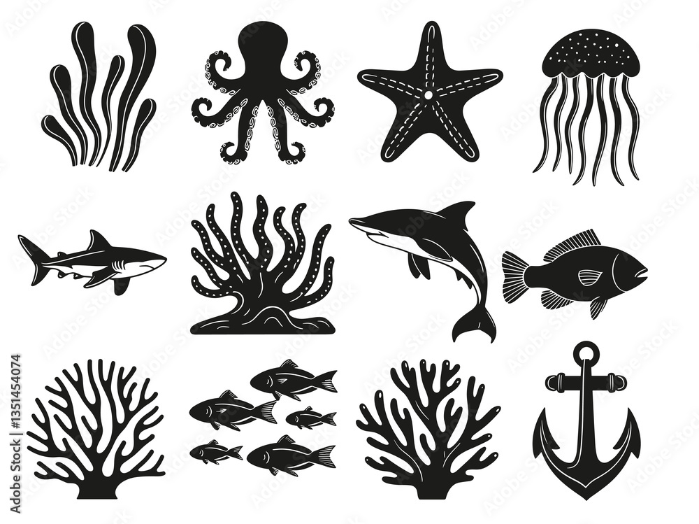 Naklejka premium Black and White Marine Life Silhouettes