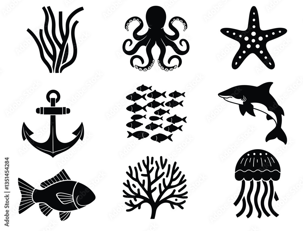 Fototapeta premium Black and White Marine Life Silhouettes