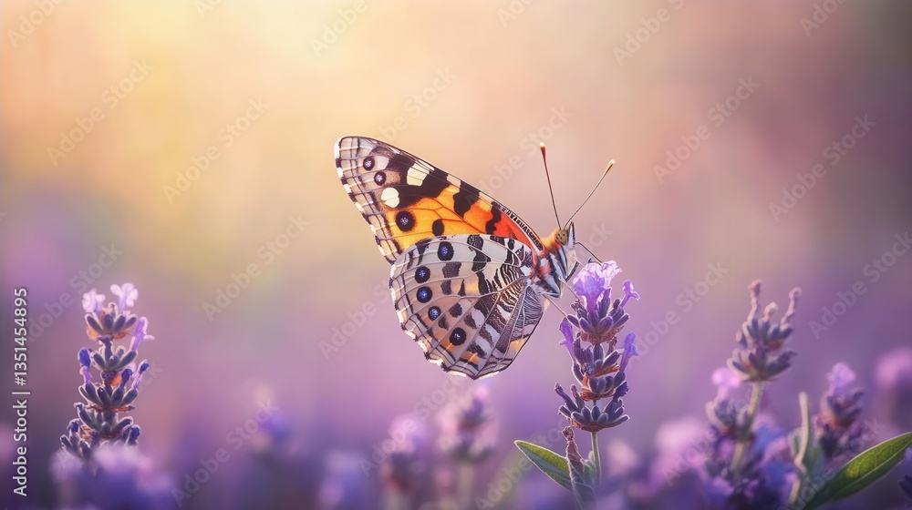 Obraz premium Colorful Butterfly Perched on Lavender Flower in a Sunlit Garden During Springtime