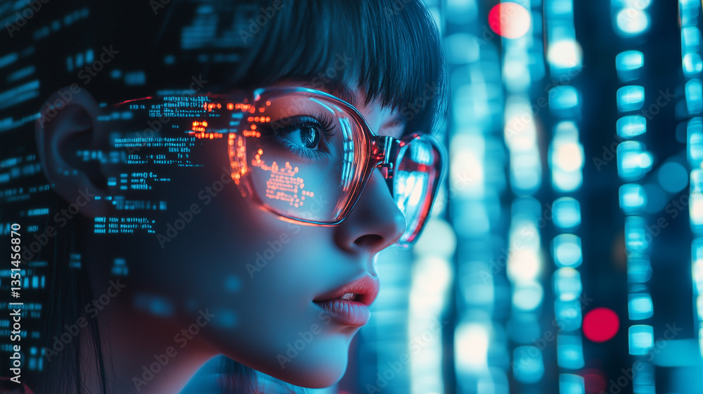 Female IT specialist learns to analyze code and data technology, cyber security, impact of artificial intelligence augmented reality, side profile, copy space. AI generation Female IT specialist learns to analyze code and data technology, cyber security, impact of artificial intelligence augmented reality, side profile, copy space. AI generation