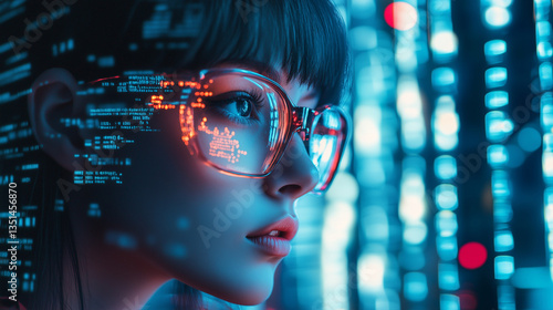 Female IT specialist learns to analyze code and data technology, cyber security, impact of artificial intelligence augmented reality, side profile, copy space. AI generation	