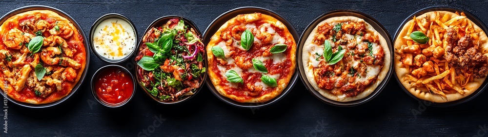 Assorted Pizzas and Sides on Dark Background. Assorted Pizzas and Sides on Dark Background.