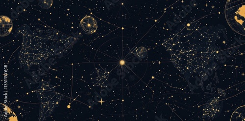 Celestial World Map Showing Constellations And Globes Against Dark Background