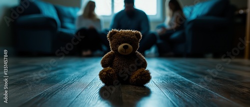 A teddy bear sits in focus on the floor, while blurred figures of two people in the background suggest a moment of tension or deep conversation.