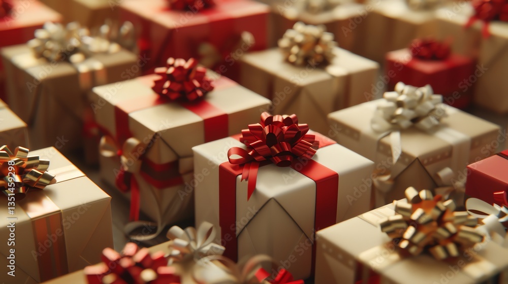 A close-up of many wrapped presents with red and gold bows. A close-up of many wrapped presents with red and gold bows.
