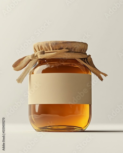 Elegant jar of amber honey on neutral background.