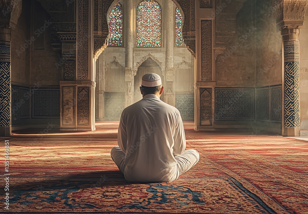 Man Meditating in Mosque with Stained Glass and Warm Light Man Meditating in Mosque with Stained Glass and Warm Light