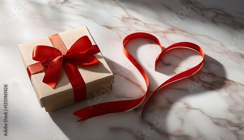 A beautifully wrapped gift box with a delicate red ribbon forming a heart shape.