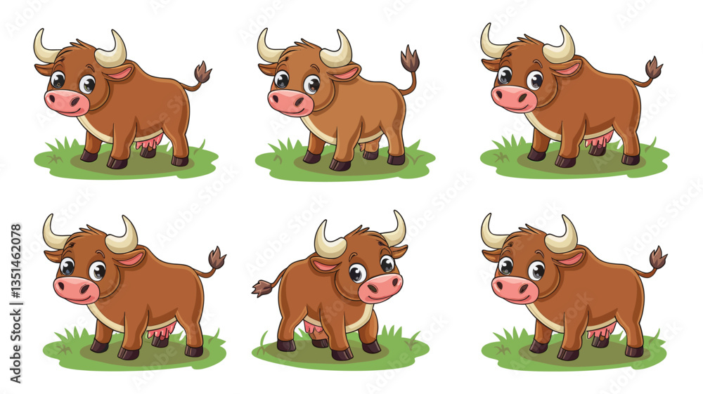 Fototapeta premium A set of hand-drawn cute cartoon adorable little bulls in different poses on a green land, illustration