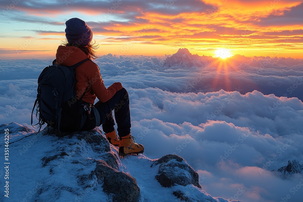 Fototapeta premium Woman hiker atop mountain peak at sunrise, panoramic view of clouds and peaks