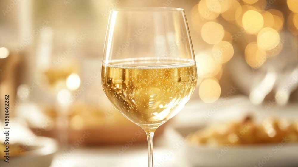 Elegant Glass Of Sparkling Chardonnay With Bubbles On Table In Bright Dining Setting Elegant Glass Of Sparkling Chardonnay With Bubbles On Table In Bright Dining Setting