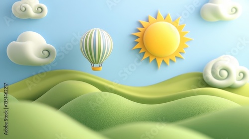 Cartoon Hot Air Balloon Soaring Over Lush Green Hills Under a Bright Sunny Sky