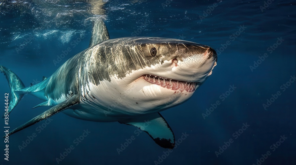 Fototapeta premium Great White Shark Swimming Gracefully Underwater in Blue Ocean Waters