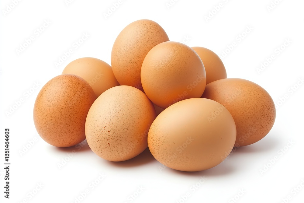 Pile of Fresh Brown Eggs. Raw, Uncooked, Stacked on White Background. Food Staple Pile of Fresh Brown Eggs. Raw, Uncooked, Stacked on White Background. Food Staple