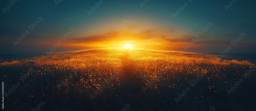 Fototapeta premium Golden sunset over a vast field, glowing horizon
