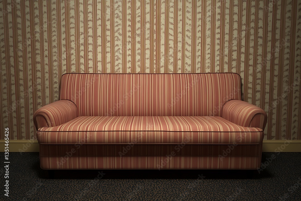 Fototapeta premium Red striped couch against patterned wallpaper. For interior design or home decor