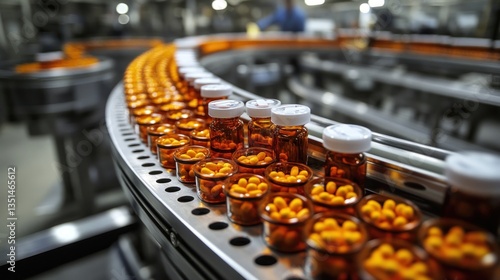Pharmaceutical production line, amber bottles filled with orange pills, automated conveyor belt, factory background. Possible use Stock photo for pharmaceutical industry